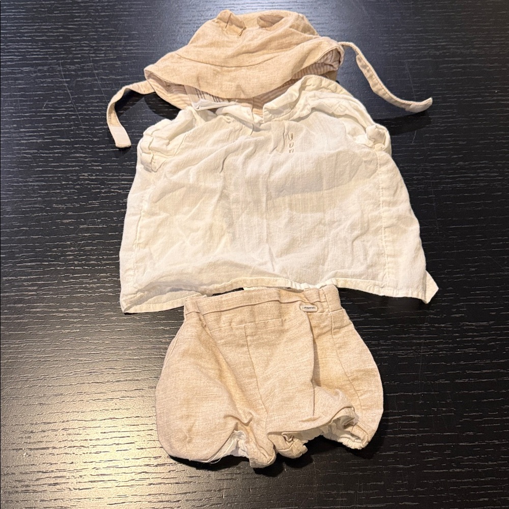 Mayoral Neutral Linen-Style 3-Piece Baby Set - Tan & White